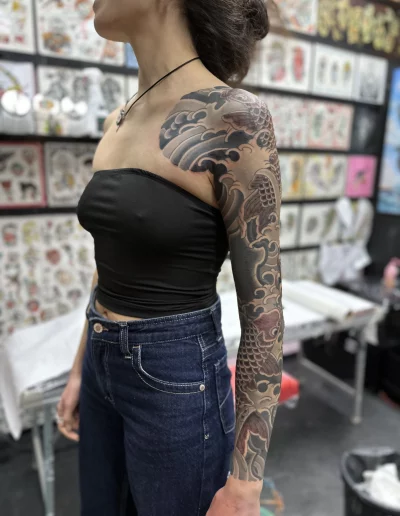 Traditional Japanese full sleeve Tattoo Koi water Castellón Valencia